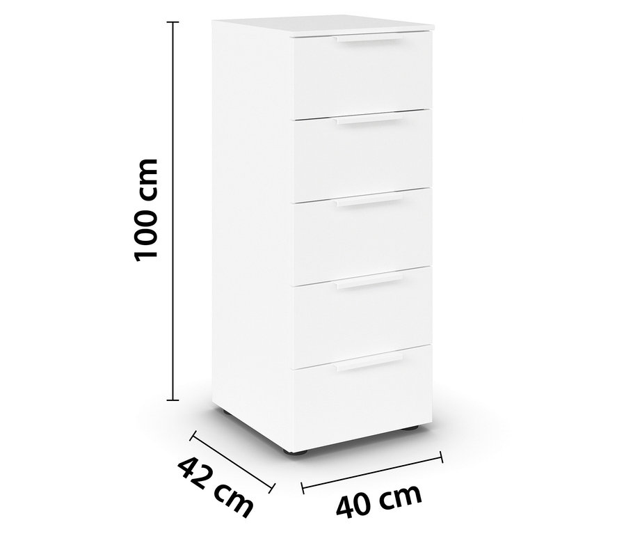 Weißer Schrank mit fünf Schubladen, Maße: 100 cm hoch, 42 cm breit und 40 cm tief.