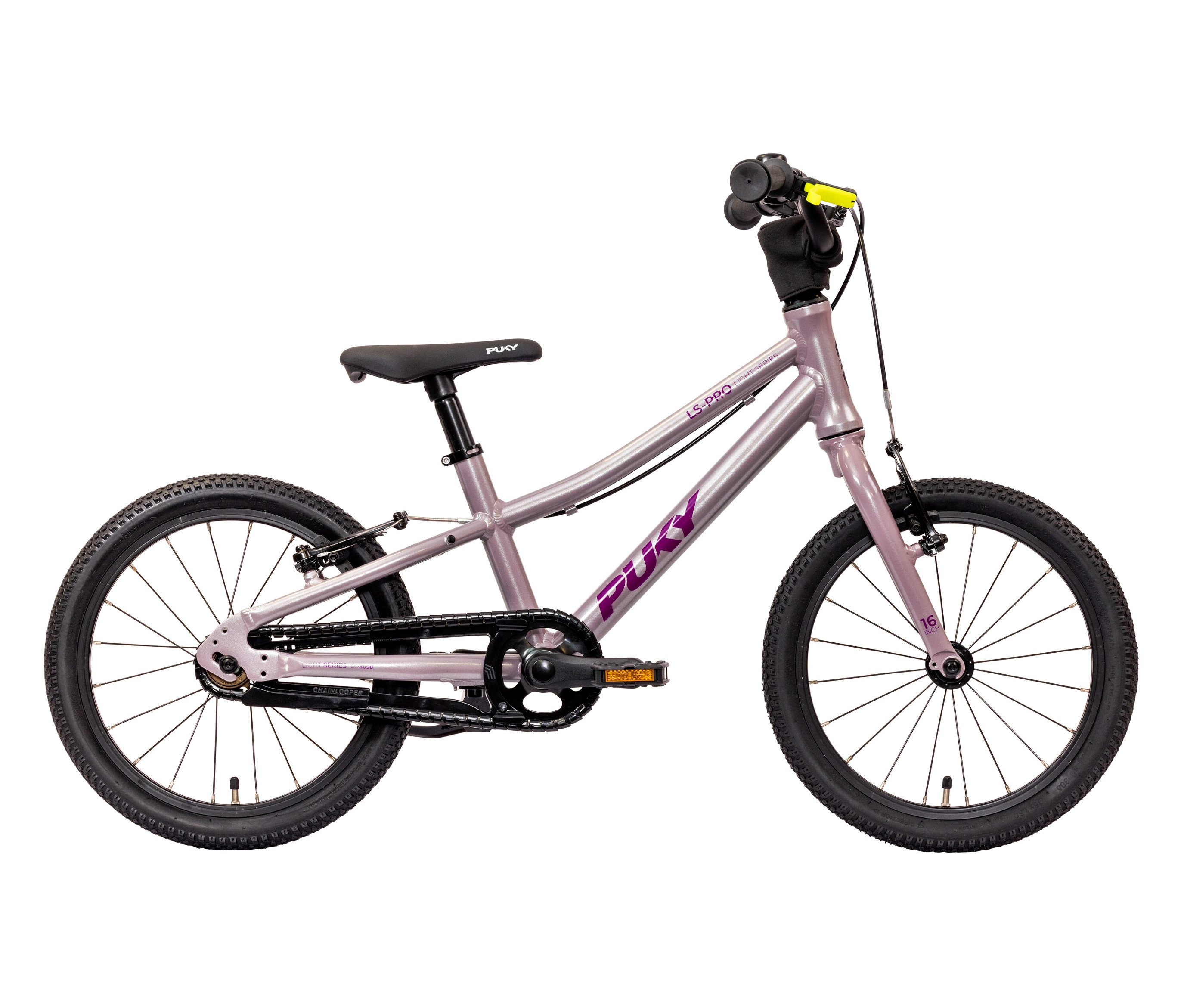 Nahaufnahme des PUKY Fahrrad LS-PRO 16, pearl pink, mit gelbem Lenker auf weißem Hintergrund.