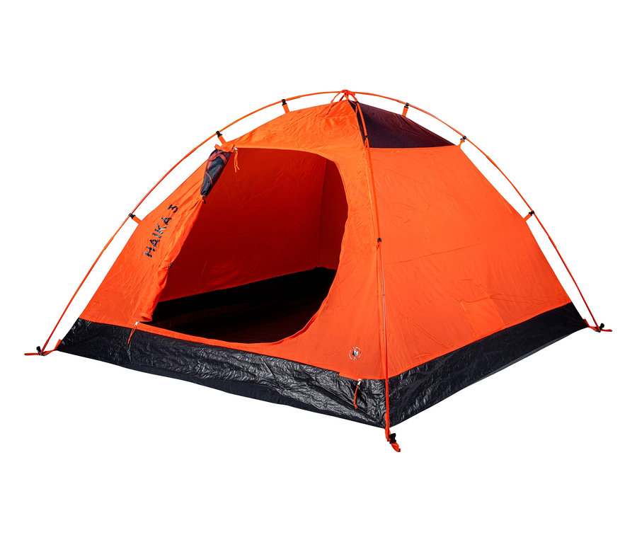 Orangefarbenes Tambu »HAIKA 3« 3 Personen Kuppelzelt mit offenem Eingang.