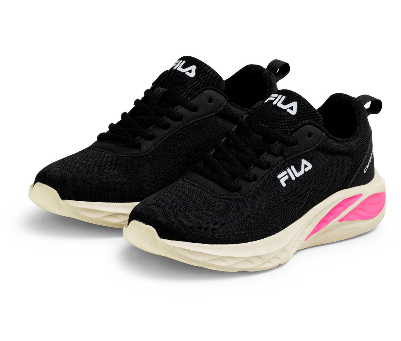 Zwei schwarze FILA Specctris Damen-Sneaker mit weißer Sohle und pinkfarbenem Akzent stehen nebeneinander.
