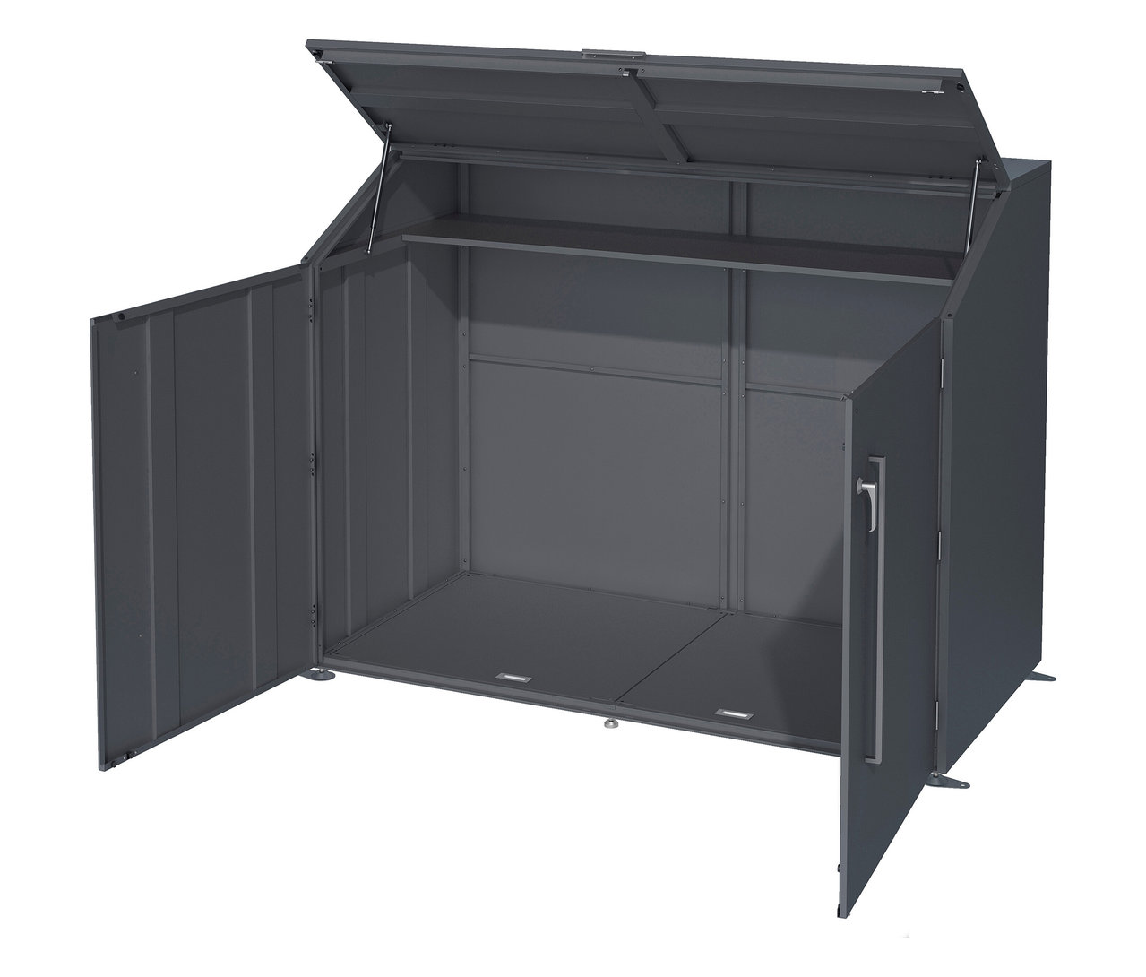 Geöffneter, grauer Gartenschrank mit einem Regal.