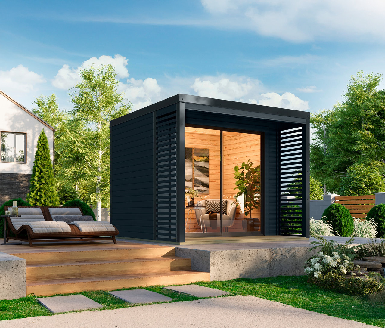 Ein schwarzes Gartenhaus mit Holzverkleidung und Glasfront steht auf einer Terrasse mit Liegestühlen.