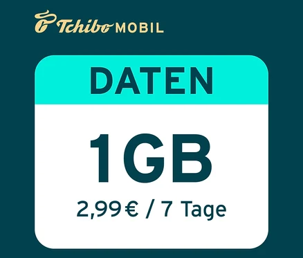 Tchibo Mobil Werbung für die Datenoption 7 Tage 1 GB für 2,99€ auf türkis-weißem Hintergrund.