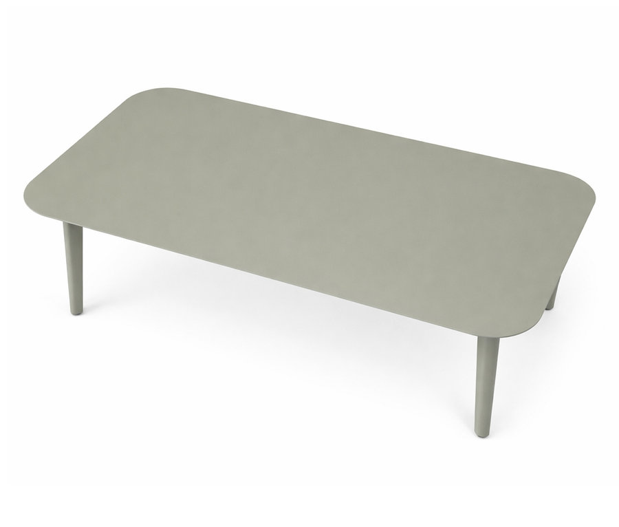 Grauer Leco Lounge-Set Tisch mit abgerundeten Ecken und vier Beinen.