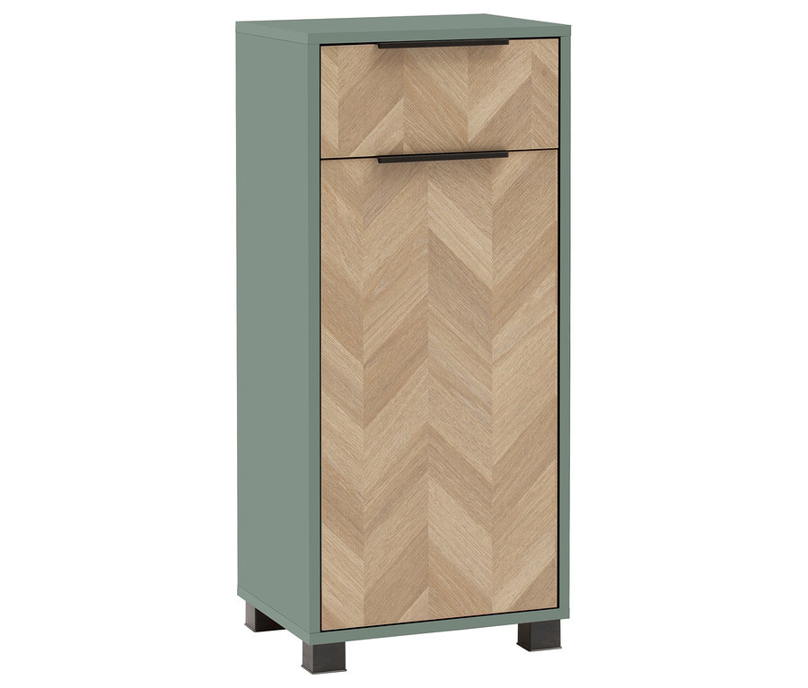 Ein graugrüner Badezimmerschrank mit einer Schublade und einer Schranktür mit Fischgrätenmuster.