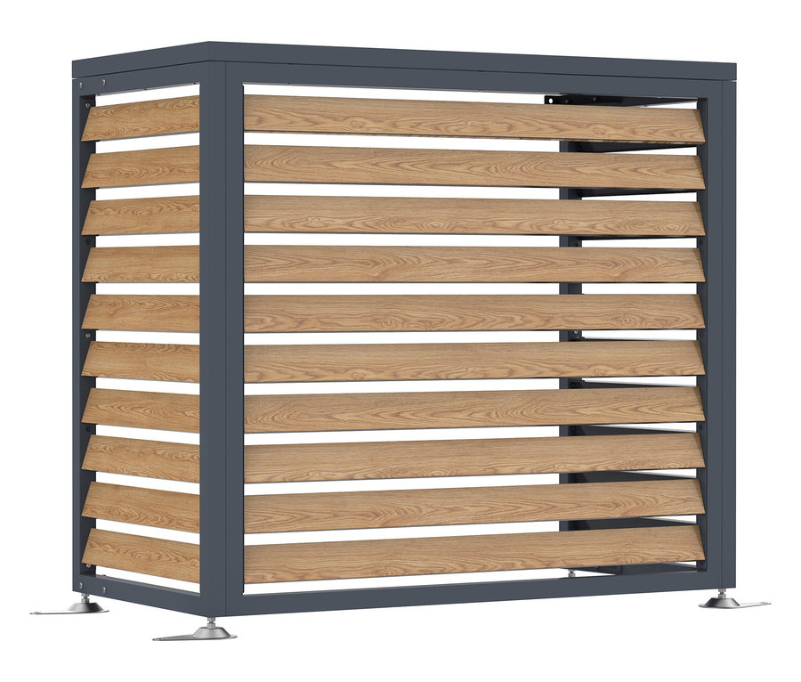 Eine graue Mülltonnenbox mit horizontalen Holzlamellen.