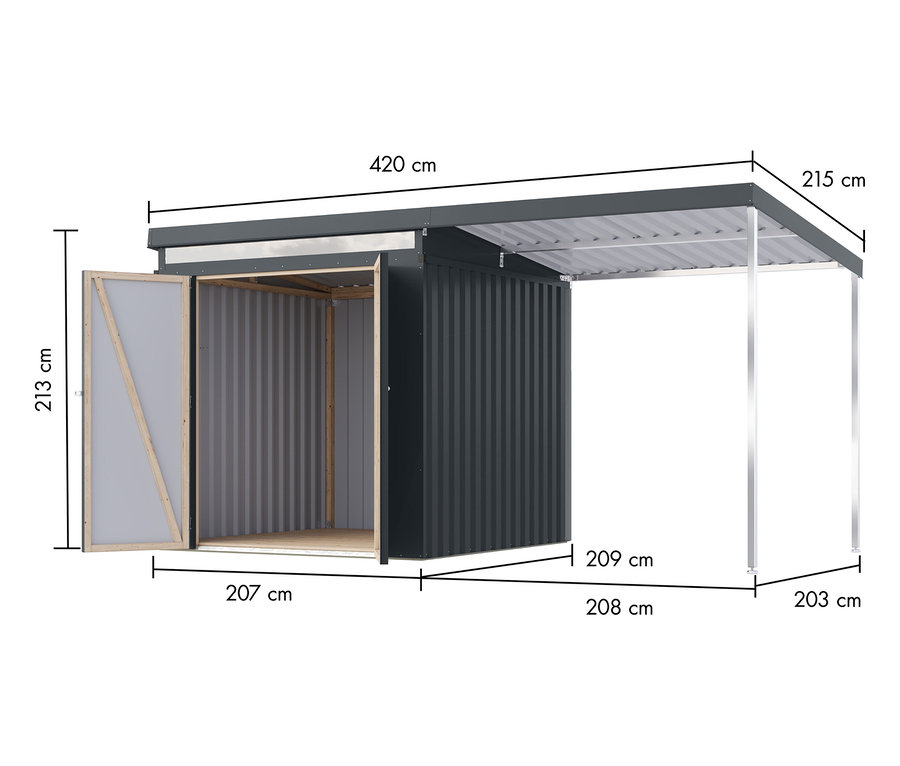 Abbildung eines grauen Gartenhauses mit den Maßen 420 cm Länge, 213 cm Höhe und 207 cm Breite mit einer offenen Tür links und einer Überdachung rechts mit den Maßen 215 cm Höhe, 209 cm Länge und 203 cm Breite.