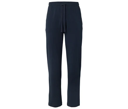 Dunkelblaue Stoffhose mit Kordelzug auf weißem Hintergrund.