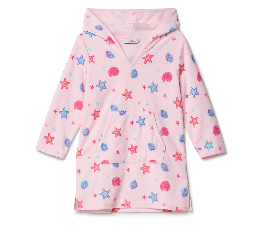 Rosa Kapuzenponcho mit Seestern- und Muschelmuster.