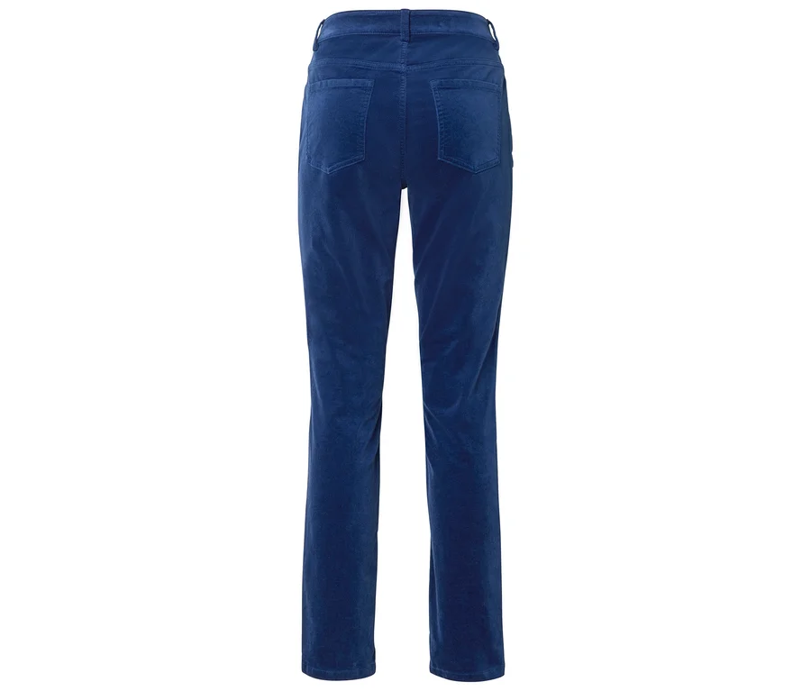 Rückansicht einer marineblauen Cordhose mit geradem Bein und zwei Gesäßtaschen.