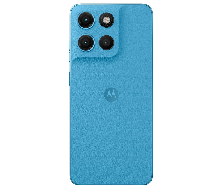 Rückseite des blauen Motorola moto g17 LTE 128GB Alaskan blue mit vier Kameras und Motorola-Logo.
