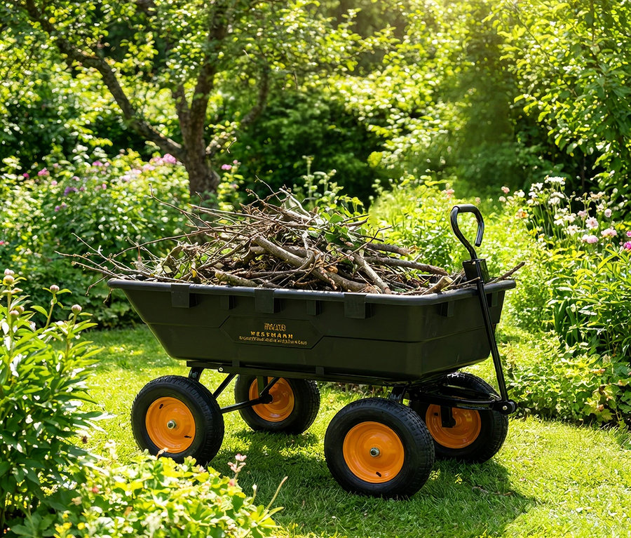 Ein großer, mit Ästen gefüllter Westmann »Prakta L« Gartenwagen mit Kippfunktion steht auf einer Rasenfläche im Garten.