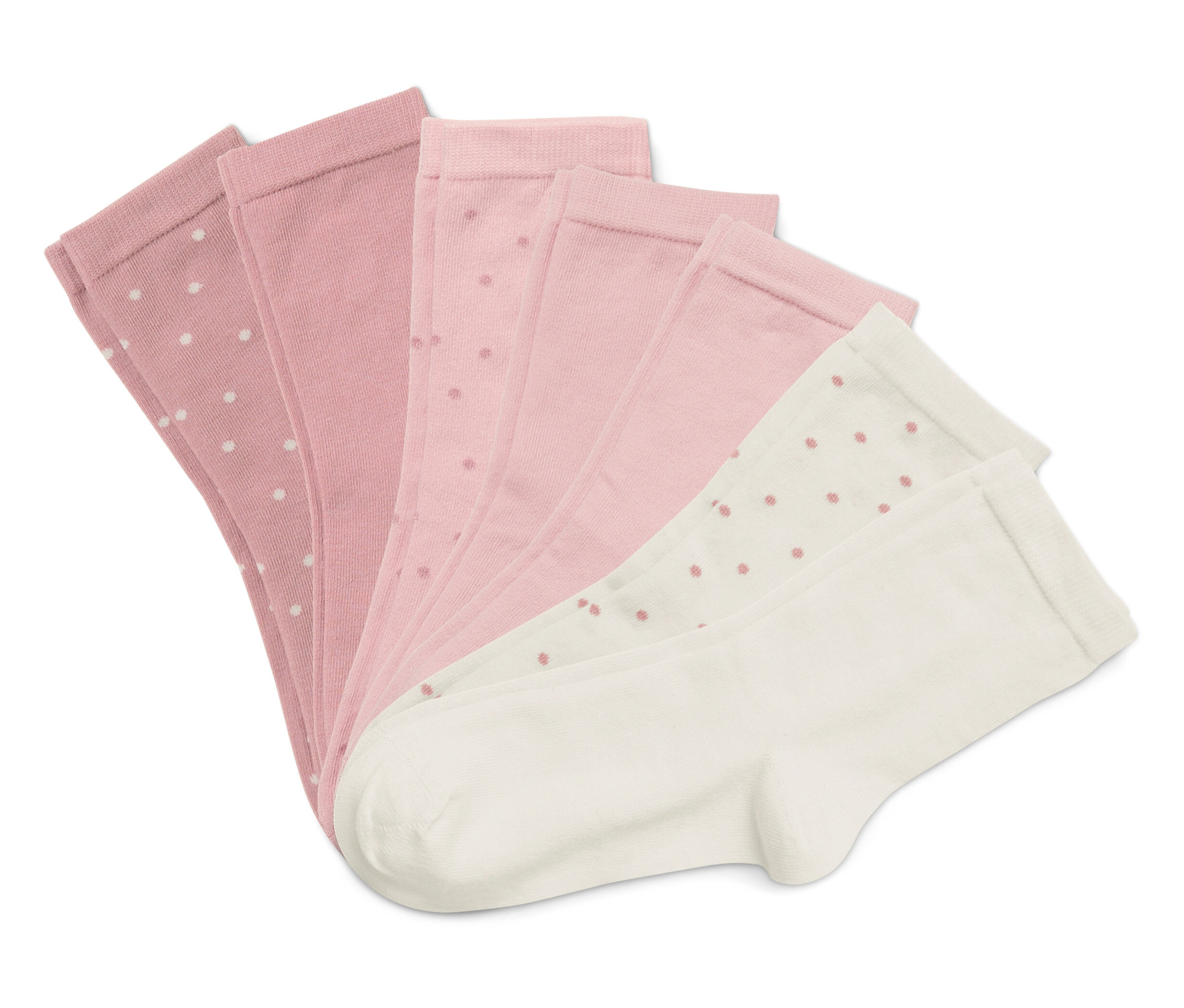 Fünf Socken liegen gefächert auf einem weißen Hintergrund. Die Socken sind rosa und weiß und haben ein Punktmuster.