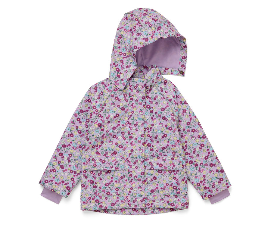 Lila Kinderregenjacke mit Blumenmuster und Kapuze.