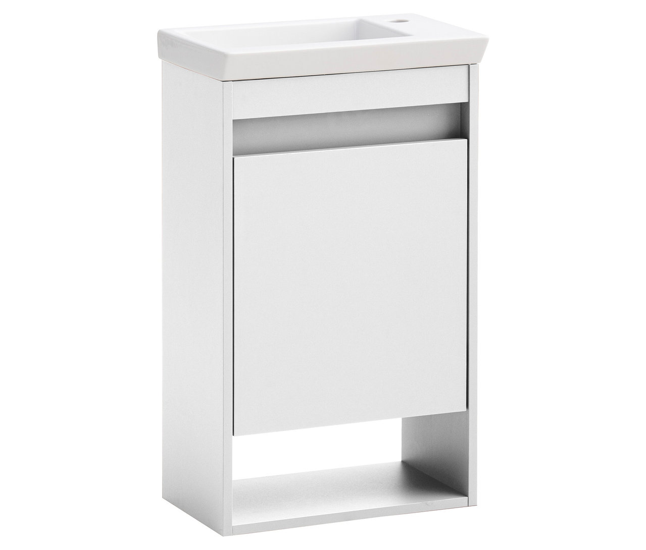 Weißer Waschtischunterschrank mit Waschbecken.