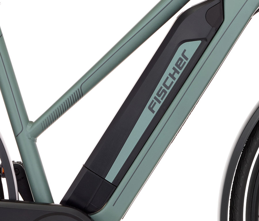 Detailansicht eines Fischer Viator 2.1 E-Bikes, 55 cm, mit Fokus auf den Rahmen und Akku.