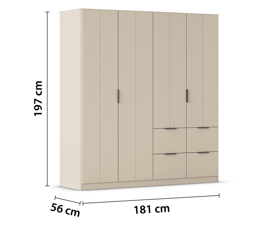 Beiger Kleiderschrank mit sechs Türen und drei Schubladen, Maße 197x181x56 cm.