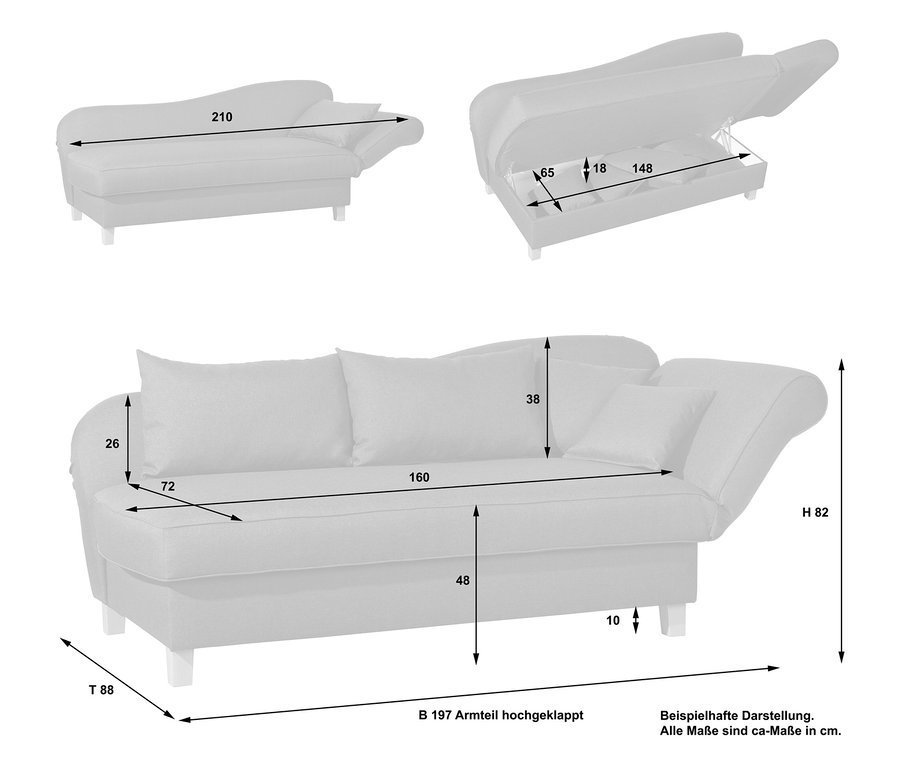 Drei Ansichten der grauen Recamiere »Saturn« mit Stauraum, rechts, mit Maßangaben.