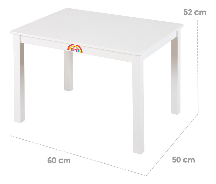 Weißer rechteckiger Tisch mit Play-Doh-Logo, Maße 52 cm hoch, 60 cm breit und 50 cm tief.