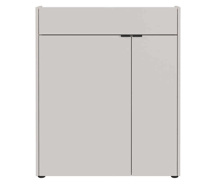 Ein grauer Schrank mit zwei Türen und einer Schublade ist mittig ausgerichtet.