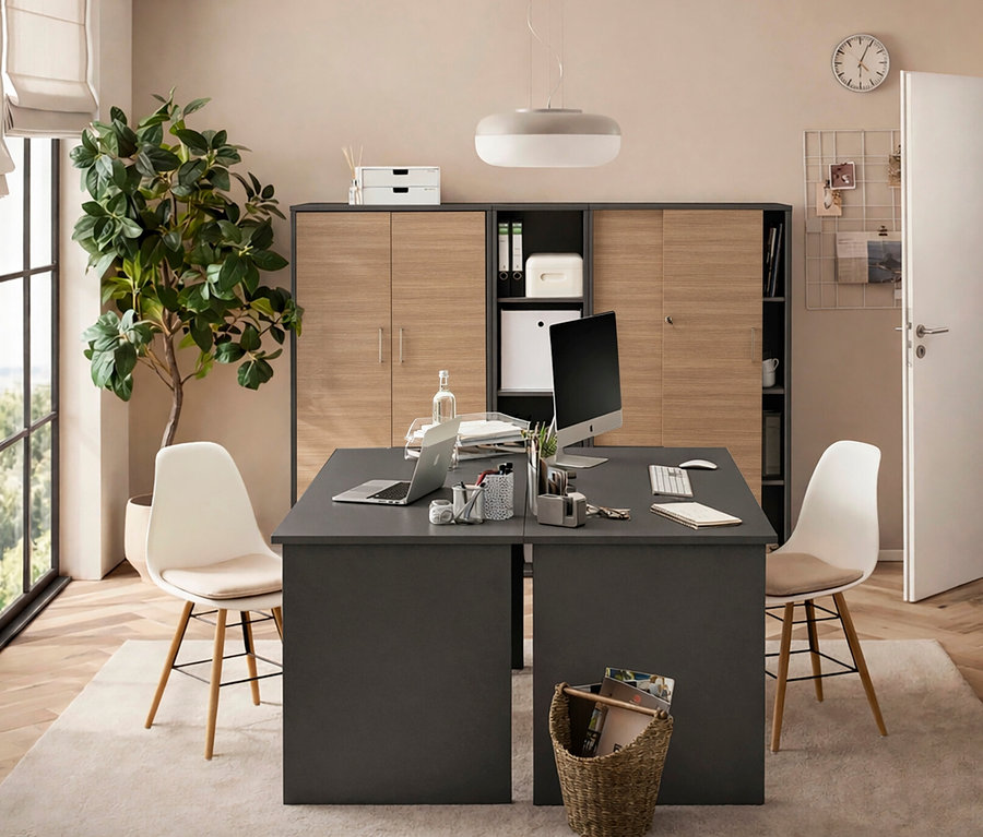 Büro mit großem, anthrazit/canello »Metz« Aktenschrank mit 2 Schiebetüren hinter Schreibtisch mit Computern und Büromaterial.