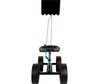 Ein teal-farbener small foot Bagger mit Rädern, von vorne gesehen. Er hat vier große schwarze Räder, einen schwarzen Sitz und eine schwarze Schaufel, die mit teal- und grauen Hebeln bedient wird.