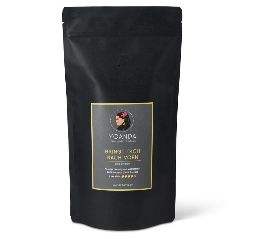 Schwarze Packung Yoanda - Bringt Dich nach vorn Espresso - 1 kg Ganze Bohne mit Aufdruck und Aromaventil.