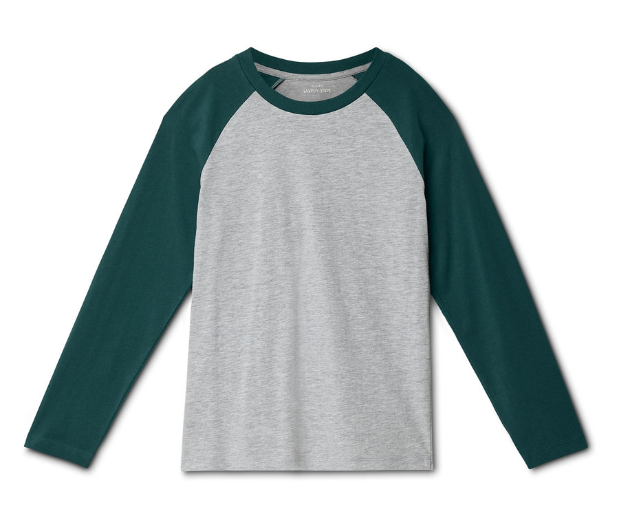 Ein graues Langarm-Raglan-T-Shirt mit dunkelgrünen Ärmeln und Kragen, flach auf weißem Hintergrund liegend.