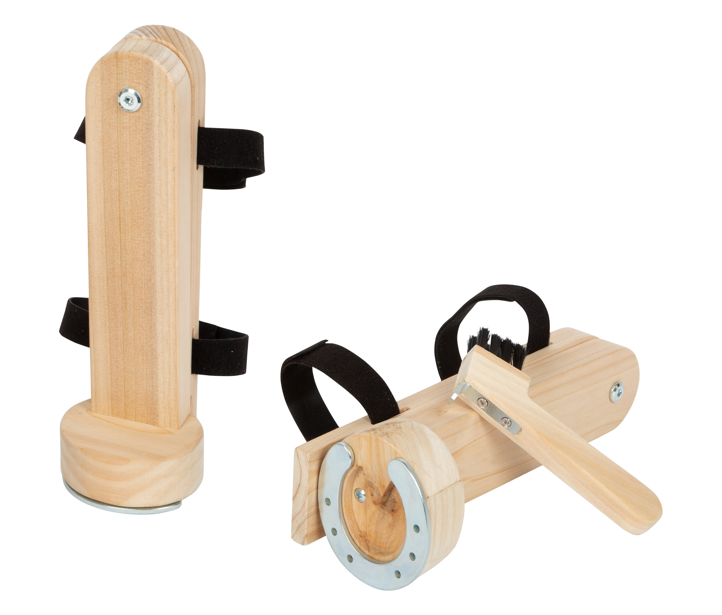 Zwei small foot Putzhufe-Sets sind zu sehen, eines stehend mit Riemen und eines liegend mit Huf, Bürste und Hufkratzer.