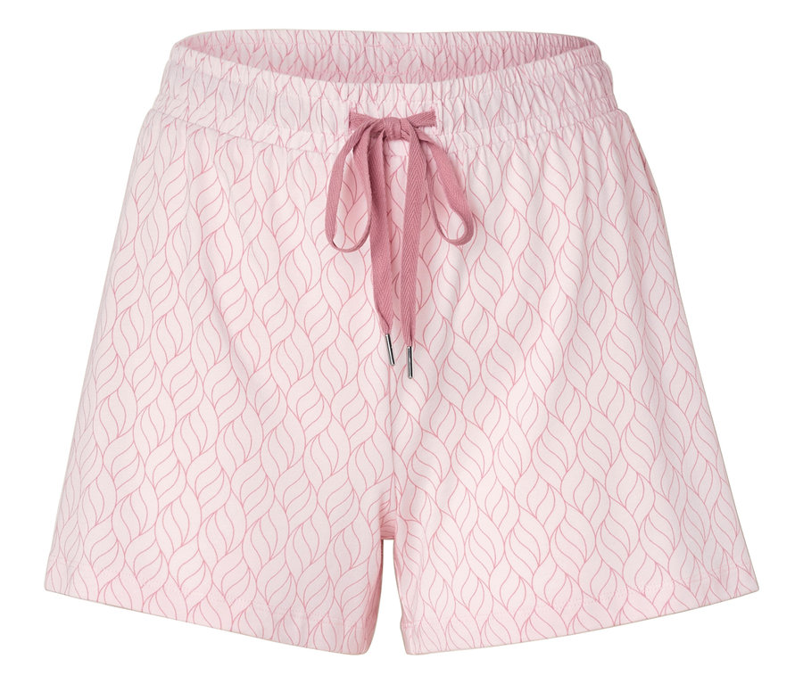 Nahaufnahme einer Shorts mit rosa Muster und Kordelzug.