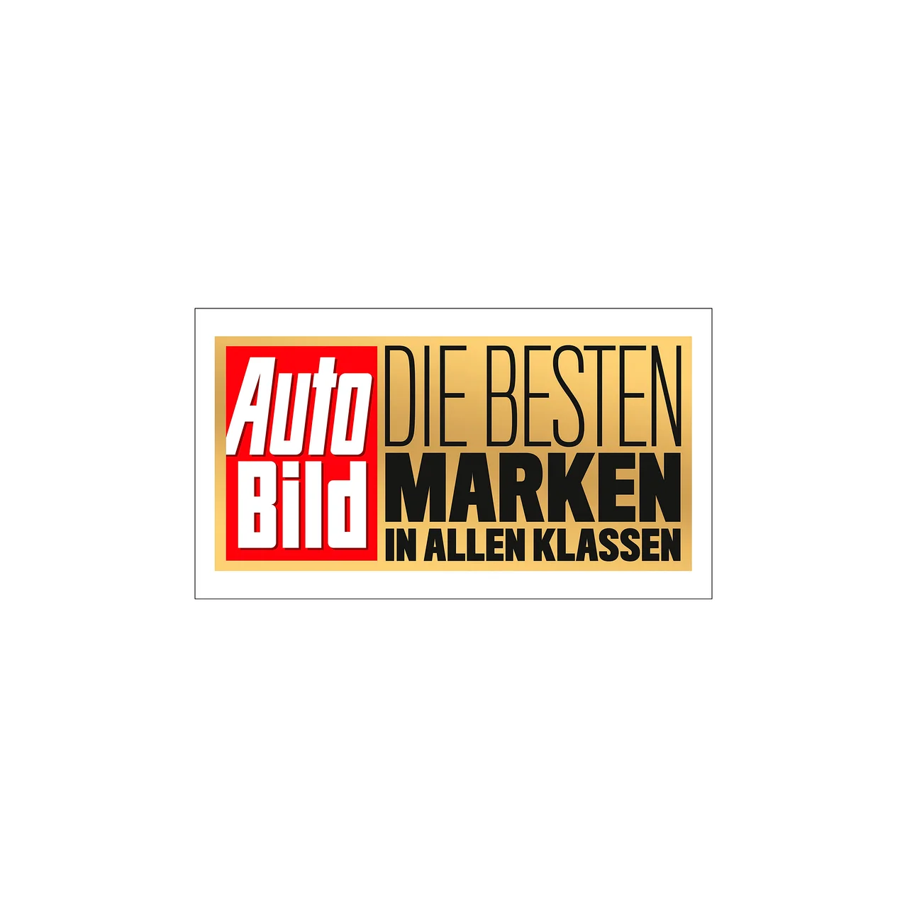 Rechteckiges Abzeichen mit dem Text 'Auto Bild DIE BESTEN MARKEN IN ALLEN KLASSEN' auf goldenem Hintergrund. 'Auto Bild' ist rot, der Rest schwarz.