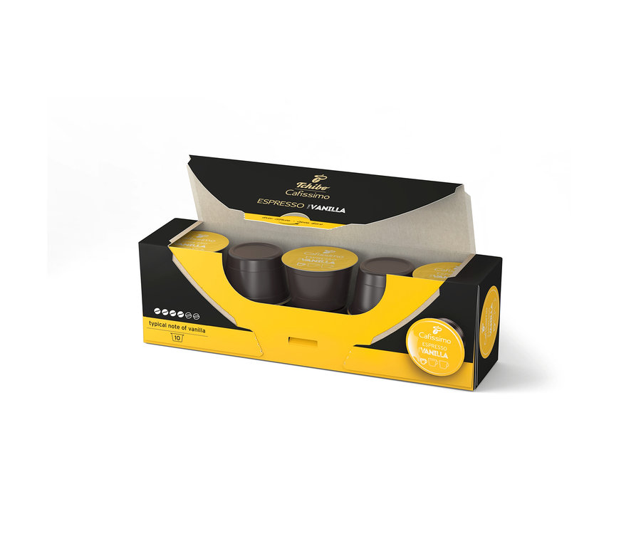 Eine geöffnete, schwarze und gelbe Packung Cafissimo Flavoured Espresso - Vanilla - 10 Kapseln.