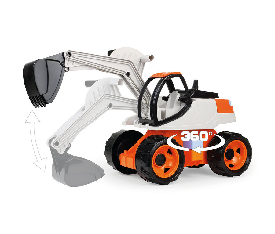 GIGA TRUCKS Bagger Pro, ein weiß-oranger Spielzeugbagger mit schwarzem Schaufelarm und Rädern, der sich um 360 Grad drehen kann.