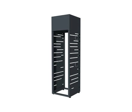 Dunkelgraues Kaminholzregal mit Pflanzkasten und gestreiften Seiten.
