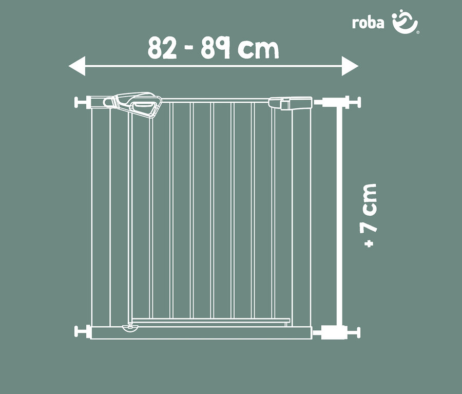 Weiße Strichzeichnung eines Baby-Schutzgitters auf grüngrauem Hintergrund, zeigt eine Breite von 82-89 cm und eine +7 cm Höhenerweiterung. Das Roba-Logo ist oben rechts.