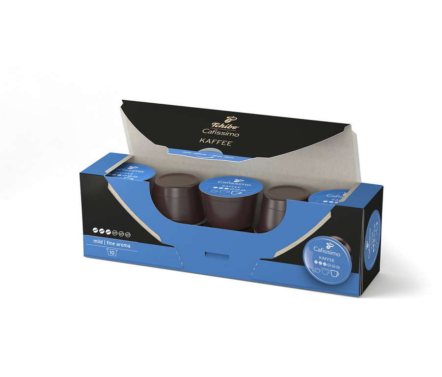 Geöffnete Packung mit zehn Cafissimo Kaffee mild Kapseln.