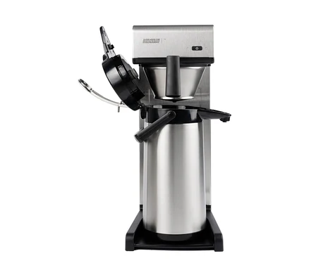 Bravilor-Bonamat TH Kaffeemaschine mit geöffnetem Deckel und Thermoskanne.