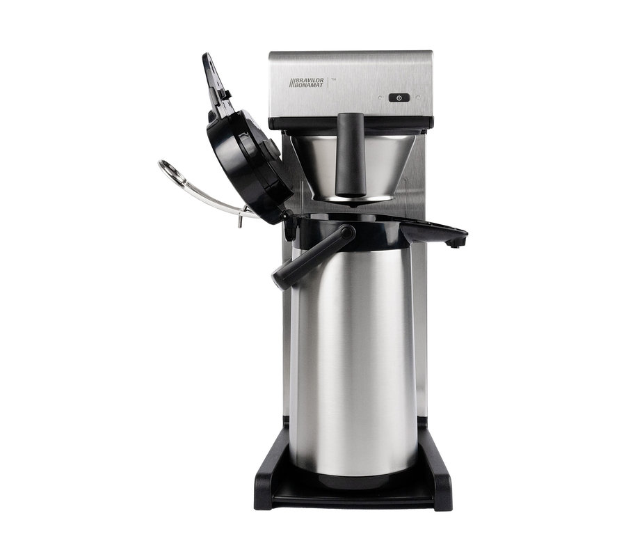 Bravilor-Bonamat TH Kaffeemaschine mit geöffnetem Deckel und Thermoskanne.
