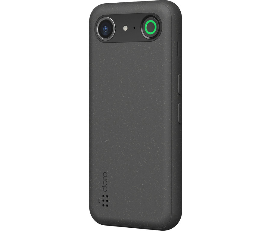 Detailansicht eines Doro Aurora A10 64 GB in Graphit. Sichtbar ist die Rückseite des Telefons mit Dual-Kamera und Doro-Logo.