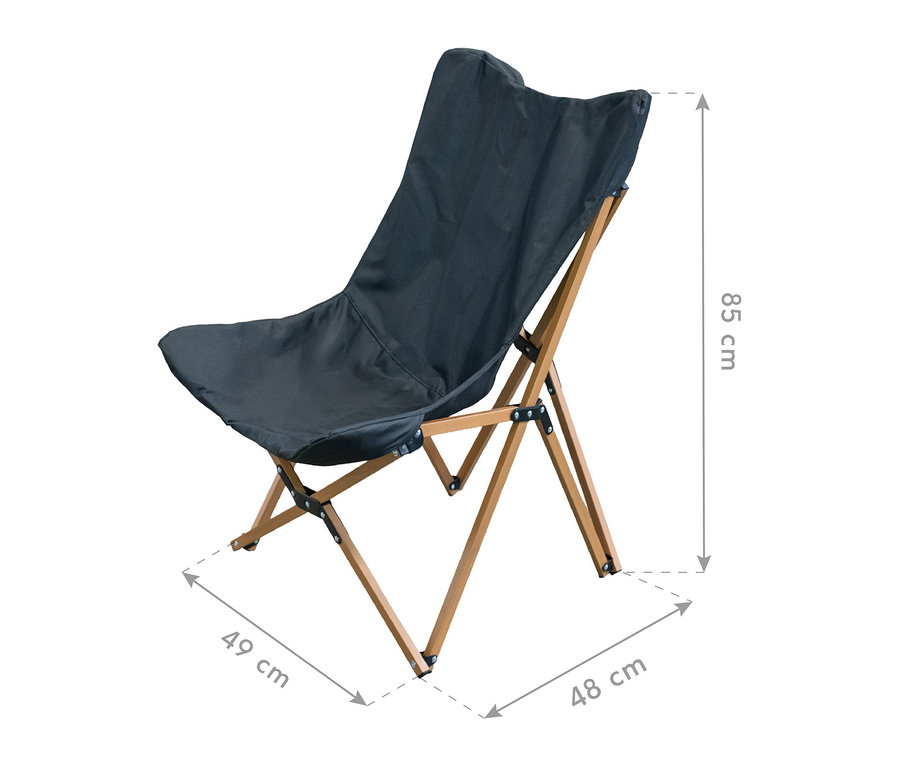 Dunkelgrauer faltbarer Campingstuhl mit Holzgestell, 85 cm hoch, 49 cm breit und 48 cm tief.