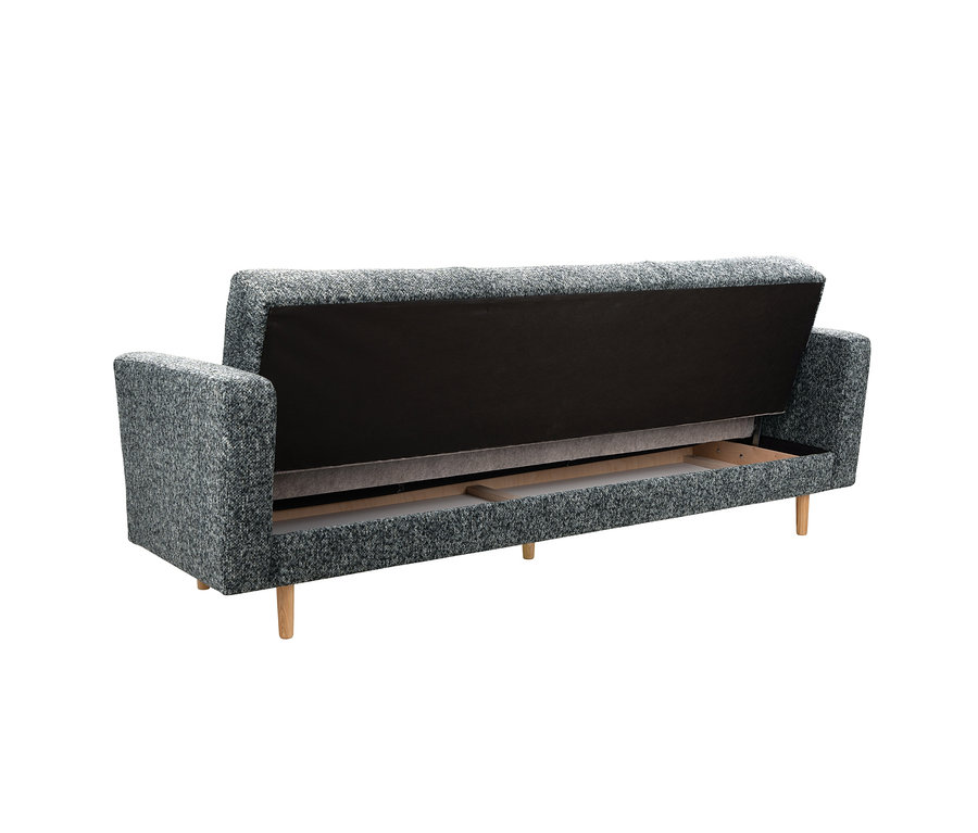 Anthrazitfarbenes 3-Sitzer Schlafsofa Janny mit hochgeklappter Rückenlehne, das die Bettfunktion zeigt.