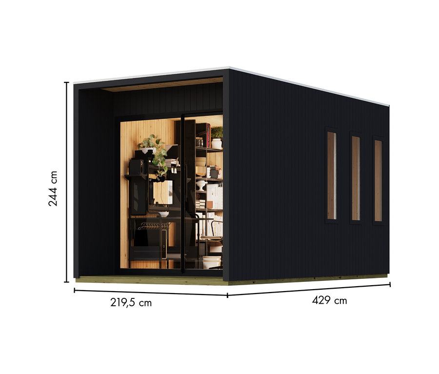 Karibu Homeoffice-Gartenhaus »Valentin«, ein modernes, schwarzes Gartenhaus mit großer Glasschiebetür und drei schmalen Fenstern, als Büro eingerichtet.