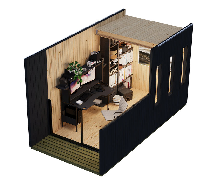 Ein Karibu Homeoffice-Gartenhaus »Valentin« in Schnittansicht, mit dunkler Außenfassade und hellem Holzinterieur. Innen ein L-förmiger Schreibtisch mit zwei Monitoren und weißem Bürostuhl, daneben ein Regal mit Aktenordnern. Drei schmale Fenster und eine Glasschiebetür sind sichtbar.