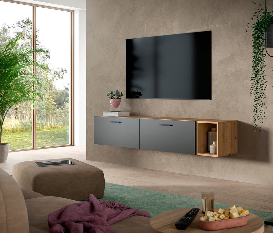 Modernes Wohnzimmer mit grauer xonox Wohnwand »The One« unter einem Fernseher an beiger Wand, mit Pflanzen, Sofa und Couchtisch.