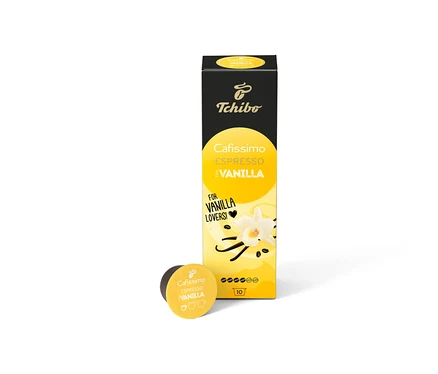 Eine Packung Cafissimo Flavoured Espresso - Vanilla - 10 Kapseln und eine einzelne Kapsel sind auf einem weißen Hintergrund zu sehen.