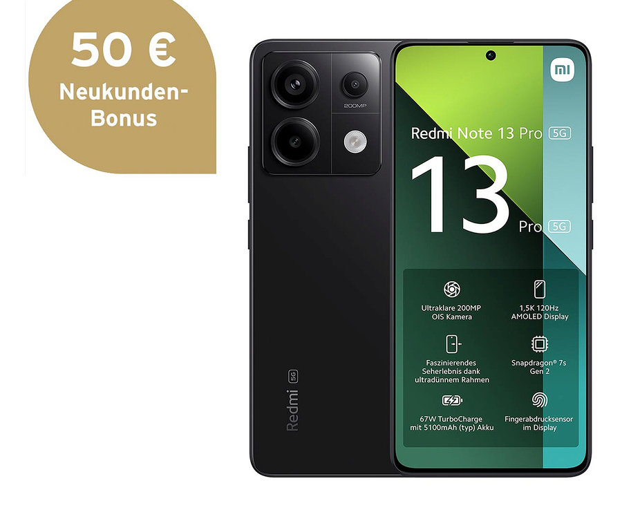 Zwei schwarze Xiaomi Redmi Note 13 Pro 5G Handys nebeneinander.