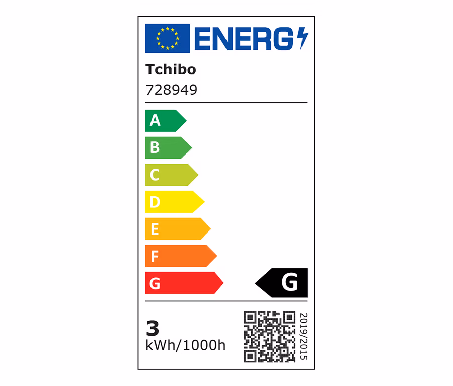 Energieetikett für Tchibo Produkt 728949, Energieklasse G, Verbrauch 3 kWh/1000h, mit QR-Code und EU-Logo.