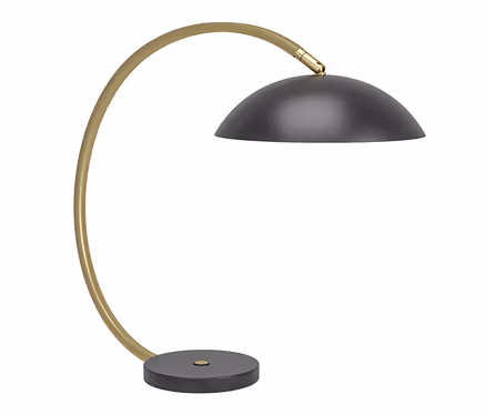 Moderne Schreibtischlampe mit gebogenem goldfarbenem Arm, schwarzem kuppelförmigem Schirm und schwarzem rundem Sockel mit goldener Verzierung.