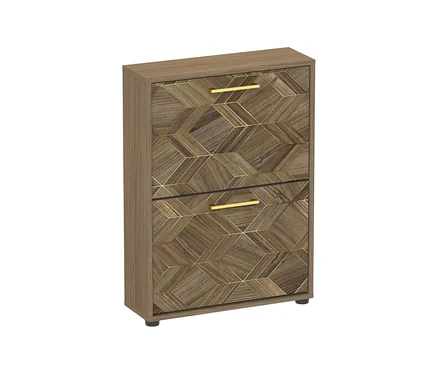 Brauner Schuhschrank »Glenn« mit zwei Klappen, geometrischem Muster aus goldenen Linien und goldenen Griffen.