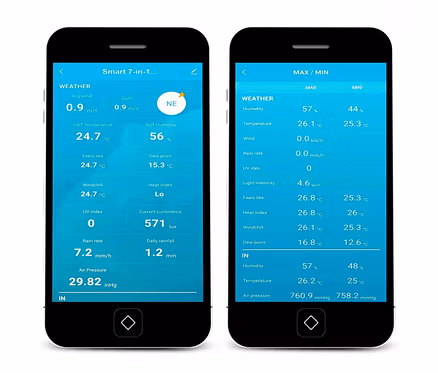 Zwei schwarze Smartphones zeigen Wetter-Apps an. Das linke Display zeigt aktuelle Daten wie 24,7 °C Außentemperatur und 56 % Luftfeuchtigkeit. Das rechte Display zeigt Höchst- und Tiefstwerte, z.B. 26,1 °C/25,3 °C Temperatur.